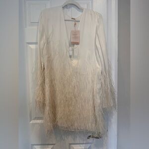 cult gaia Evelyn dress Cream V-Neck Shift Dress with Feather Trim